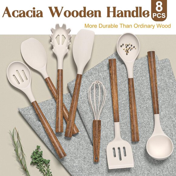 8-Piece Kitchen Set with Natural Acacia Wooden Handles Khaki Grade Silicone - Picture 12 of 13